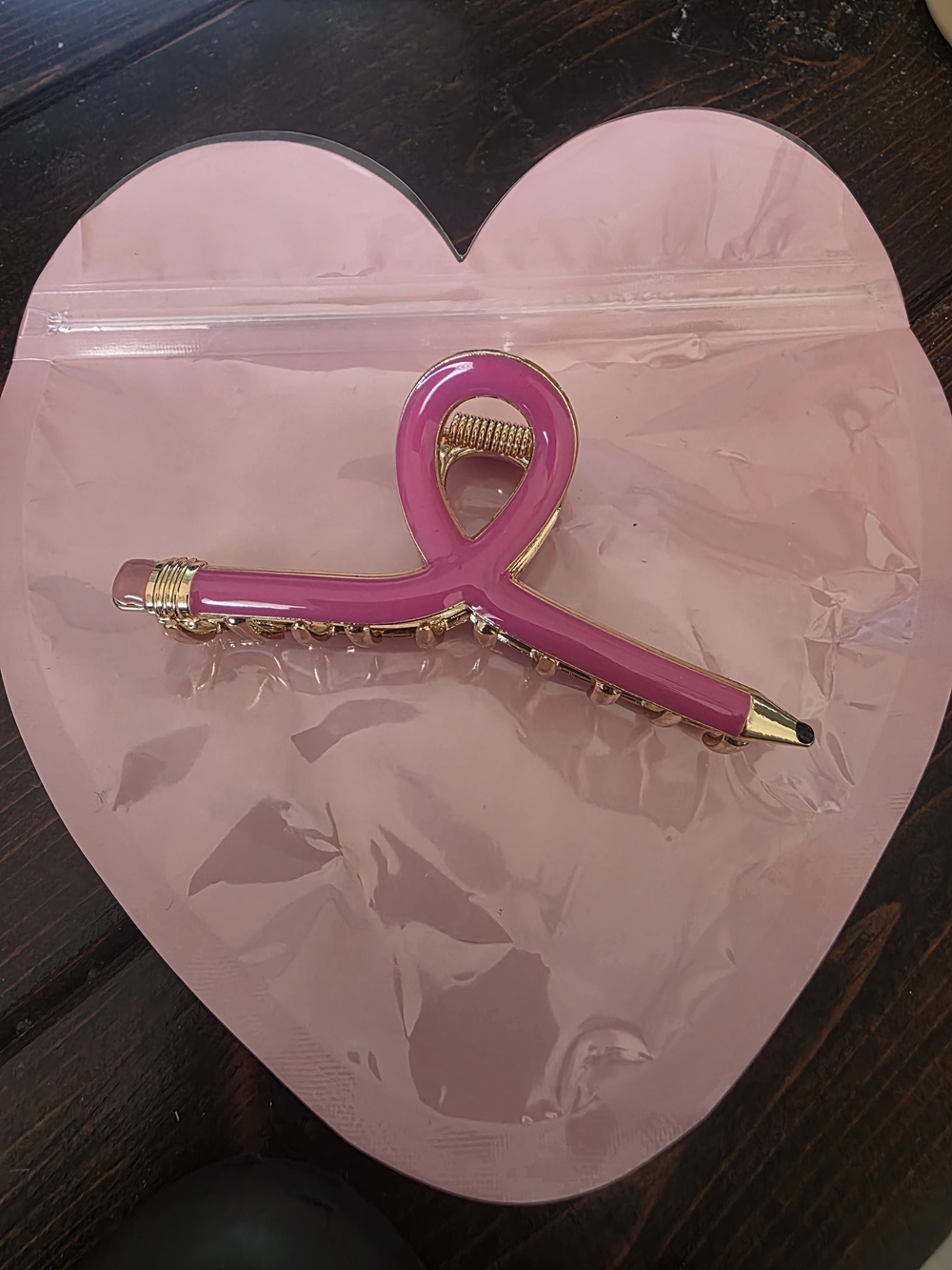 Small Pink Ribbon Pencil Hair Clip Barrette